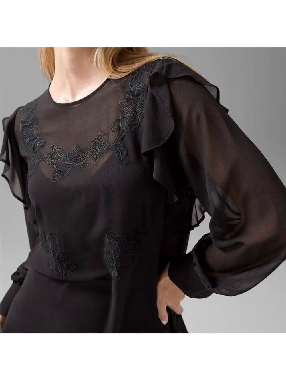 White House Black Market Sheer Tunic Top Appliquéd with Ruffles Black